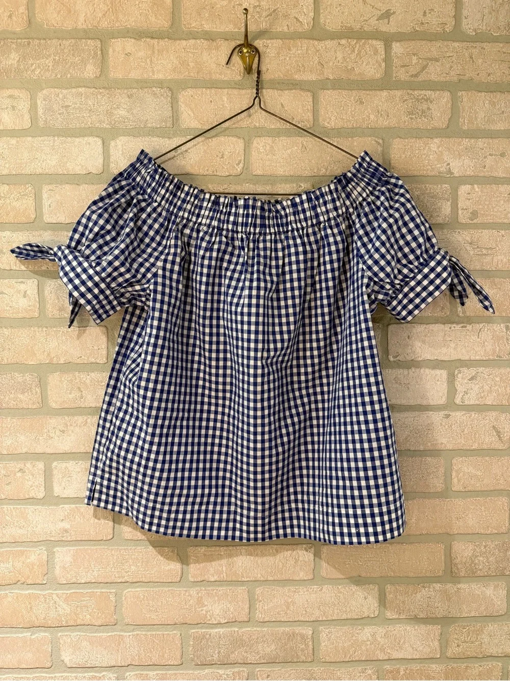 J. Crew Blue Gingham 100% Cotton Off-Shoulder Tie-Sleeve Crop Top